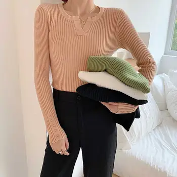 

Casual Autumn Winter Women Sweater Pullovers V-neck Long sleeve Button Chic Sweater Female Slim Knit Soft jumper Tops
