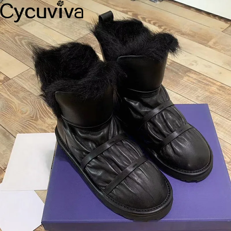 Hot Strip Wool Snow Boots Women Classic Round Toe Flat Winter Shoes Woman Slip On Short Boots Runway Warm Down Botas Mujer