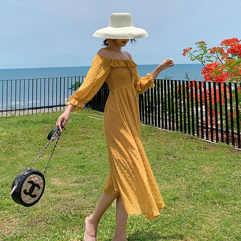 Summer Autumn Women Yellow Vacation Long Dress Elegant Casual Fairy Lady Party Dress Vintage Long Sleeve Korean Runway Vestidos