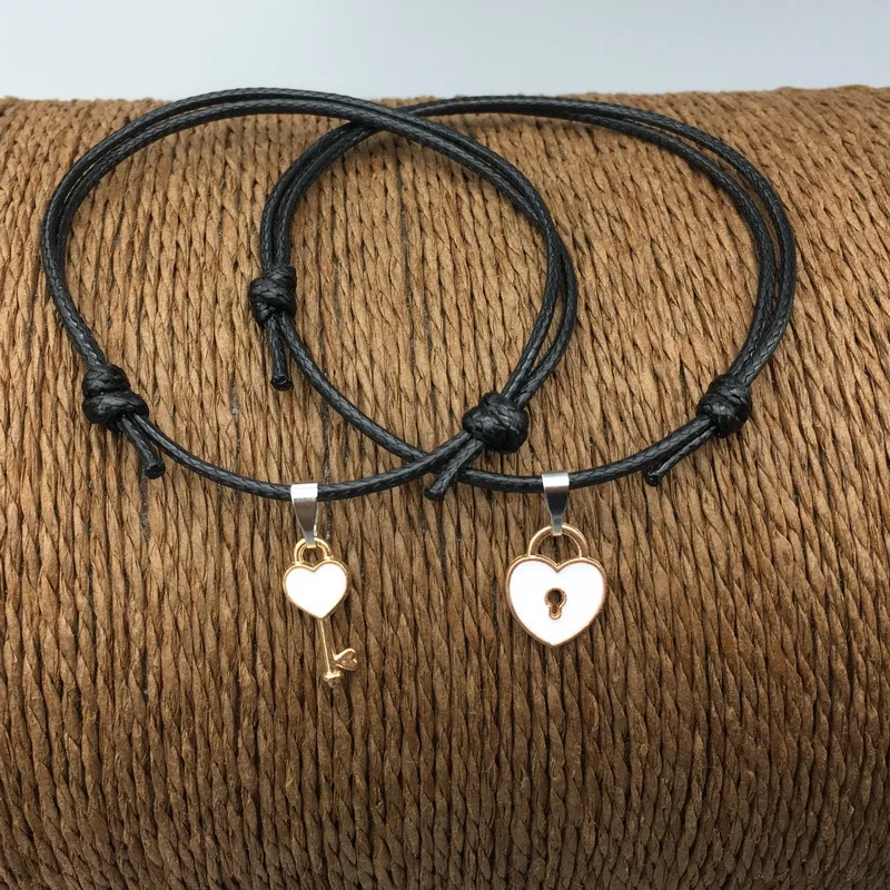 Пара браслетов "love you" с надписью Love Key Lock сшивание черной веревки регулируемая цепочка пара браслетов подарок для влюбленных - Окраска металла: white