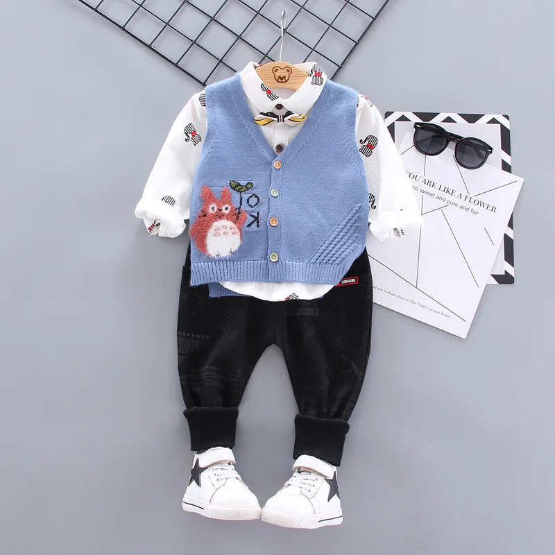 

1-4Yrs Children Fashion Set Boy Printing Tie Long Sleeve Cat Shirt Kids Vest Trousers Three-piece Suit child Clothes Autumn