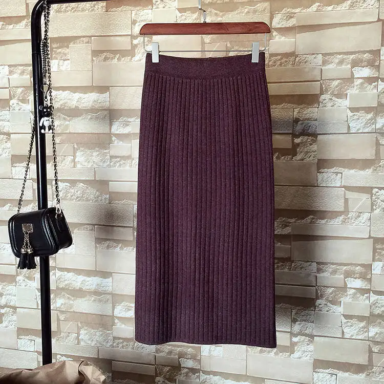 Khaki knitted skirt Осень-зима, Серые вязаные длинные юбки для женщин, бархатная Теплая юбка с высокой талией, приталенная юбка-карандаш макси для женщин - Цвет: Khaki knitted skirt