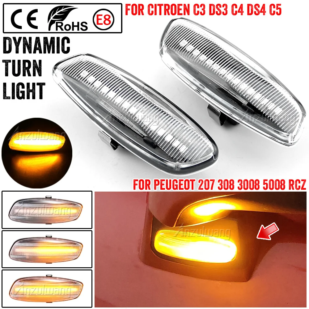For Citroen C4 Picasso C3 C5 DS4 Peugeot 308 207 3008 5008 LED Dynamic Turn Signal Light Side Marker Lamp Blinker Car Amber | Автомобили и