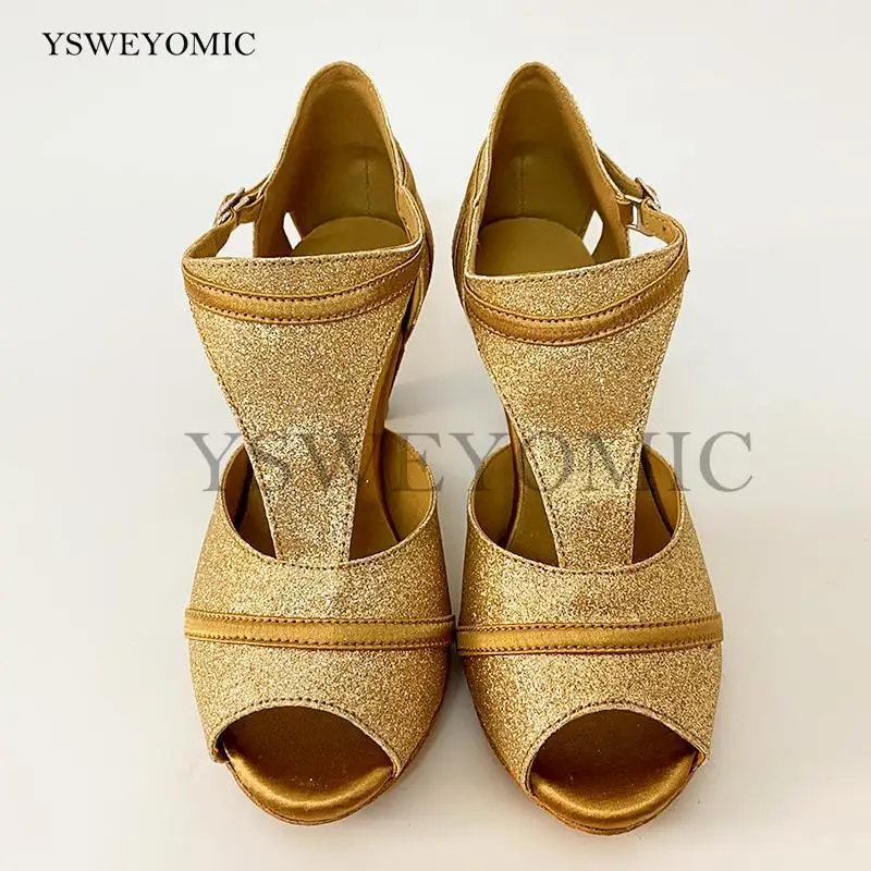 Low Heel 6cm Practise Latin Dance Shoes Customized made Gold Color Glitter Ballroom Dance Shoes Suede Outsole Use Indoor Outdoor