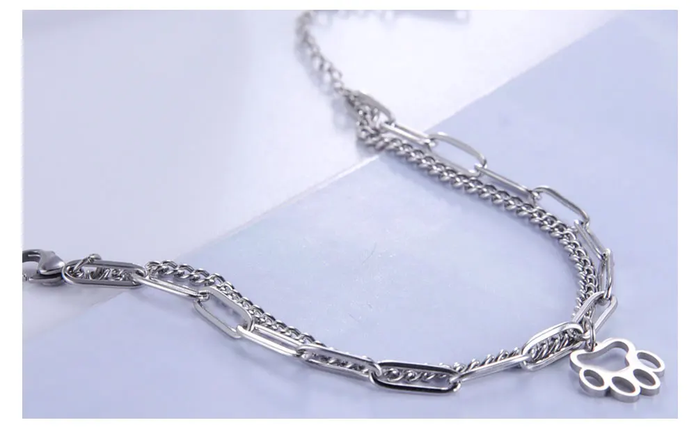 Cute Cat Paw Pendant Bracelet Bangles Double Layer Stainless Steel Bracelet Jewelry For Women Girls High Quality - PeticaDeals