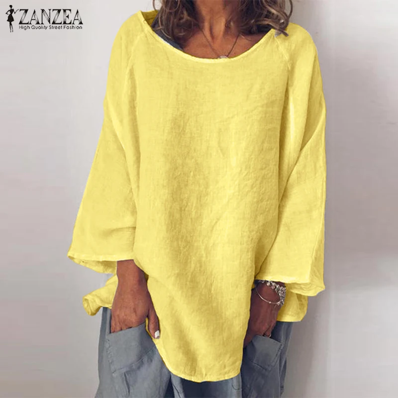 

ZANZEA Fashion Women Long Sleeve Solid Blouse Cotton Linen Shirt Autumn Basic Tunic Tops Robe Loose Chemise 5XL Blusas Femininas