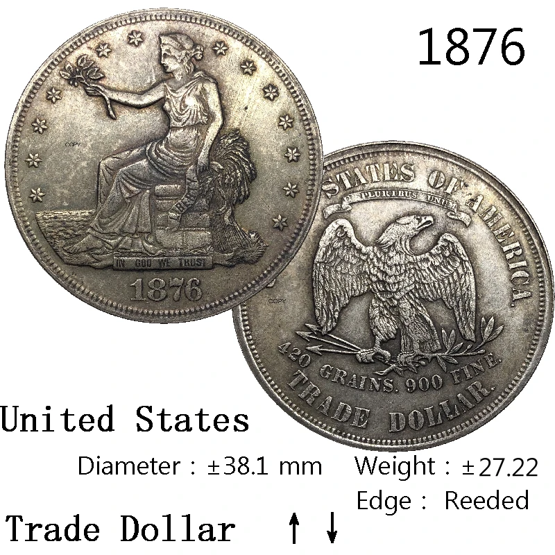 United States Of America 1876 Trade 1 One Dollar US Liberty In God We Trust With Motto 90% Silver Copy Coin Reeded Edge | Дом и сад