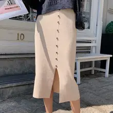 Осенне-зимняя Толстая Женская трикотажная юбка однобортная бедренная посылка юбка с разрезом спереди женская элегантная Свободная юбка