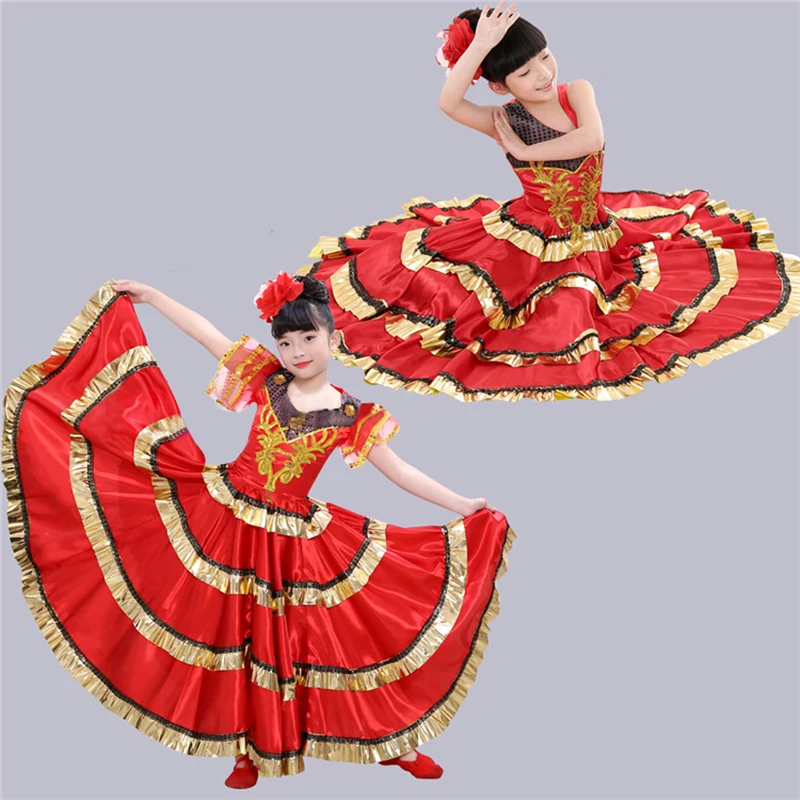 Испанское платье для девочек танец фламенко юбка испанский танцевальный костюм для девочек Vestido фламенко 360/540/720 градусов SL145
