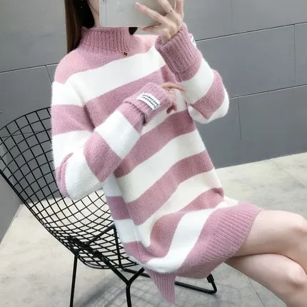 pink white Имитация воды бархат водолазка свитер женский вязаный пуловер Новая мода полосатый джемпер средней длины свитер теплый женский топ - Цвет: pink white