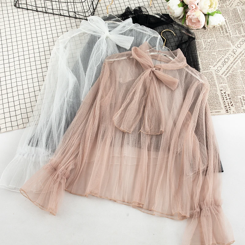

SINGRAIN Women Sheer Tops Sexy Long Flare Sleeves Club Blouse Fashion Large Size Party Transparent Basic Tops Bow Mesh Blouse