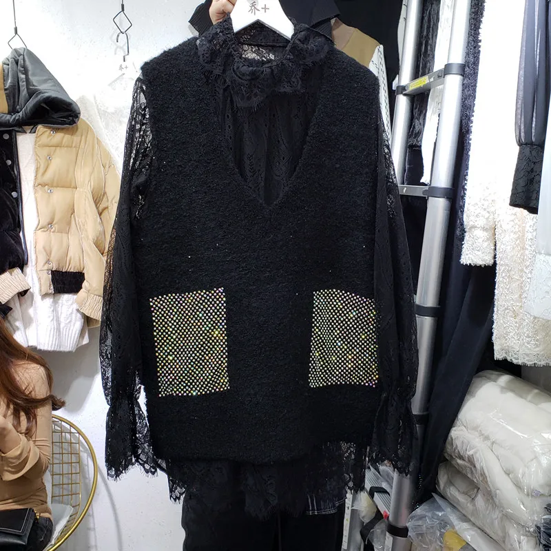 Европа осень зима тяжелый яркий алмаз сплошной цвет вязаный жилет пальто+ кружевная рубашка с длинным рукавом из двух частей женский трикотаж