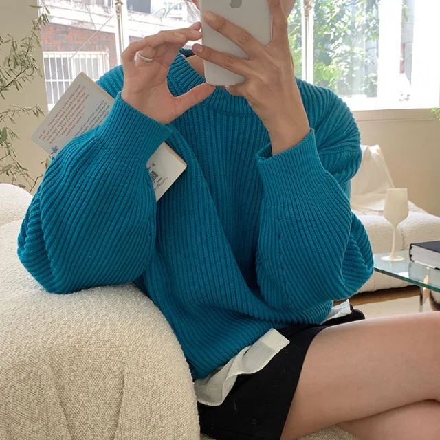 Women Solid Knitted Thickening Oversized Sweater Female Round Neck Long Sleeve Casual Loose Pullovers Top 2021 Autumn Winter Blue 2