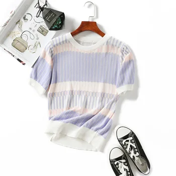 

New Knitted Summer thin sweater women's T-shirt round neck knitted patchwork stripe contrast fresh base