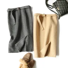 Женская Асимметричная шерстяная юбка до середины икры в стиле ретро с завышенной талией, новая клетчатая Женская одежда, винтажная модная одежда Jupe Longue Femme Slim