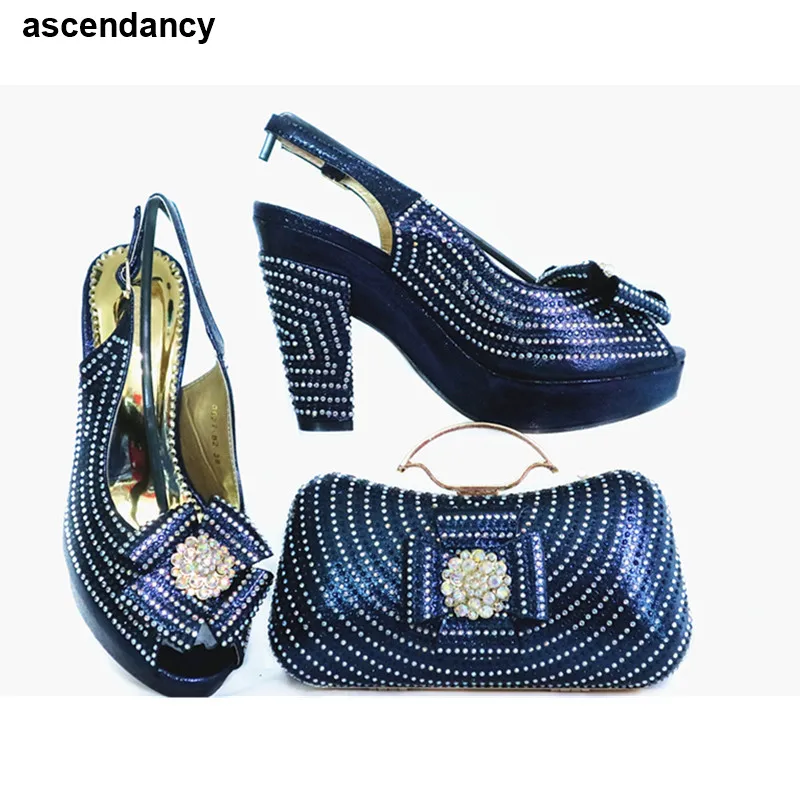 

New Spring Shoes Platform Women African Shoe and Bag Set Decorated with Rhinestone Italian Shoe and Bag Set for Party In Women