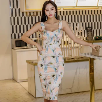 

Slim V-Neck Sleeveless Vest Dress Bodycon Foral Print Knee-Length Sexy Club Women's Vestidos