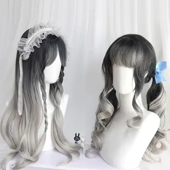 

CosplayMix 55-65 CM Lolita Party Sweet Silver Gray Ombre Long Wavy Hair Bangs Heat Resistant Synthetic Cosplay Wig+Cap
