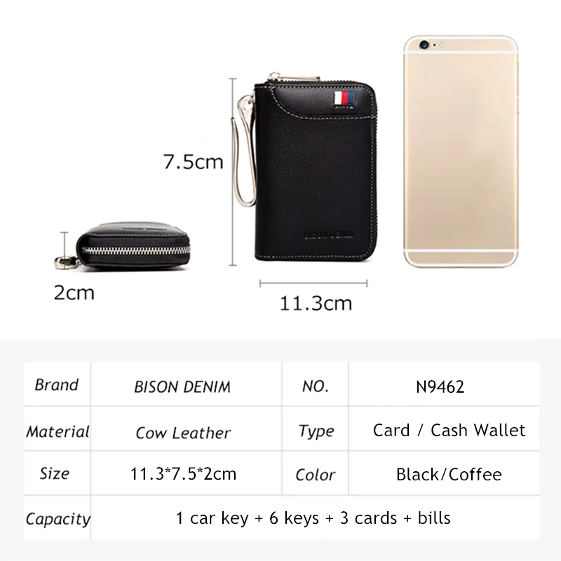 BISON DENIM Genuine Leather Key Wallet Male Card Keychain Cover