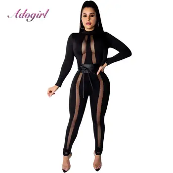 

Sexy Women Sheer Mesh Patchwork Bandage Jumpsuit With Pu Leather Belt Mock Neck Long Sleeve Party Club Rompers Outfit Overalls