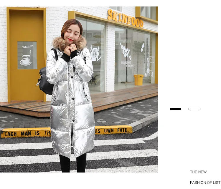 Осенне-зимнее Новое Стильное модное яркое хлопковое пальто в Корейском стиле женское приталенное пуховое пальто с меховым воротником и капюшоном
