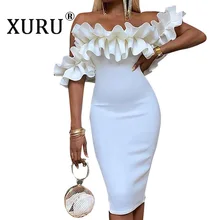XURU летнее Новое Женское гофрированное платье сексуальное облегающее белое платье без бретелек