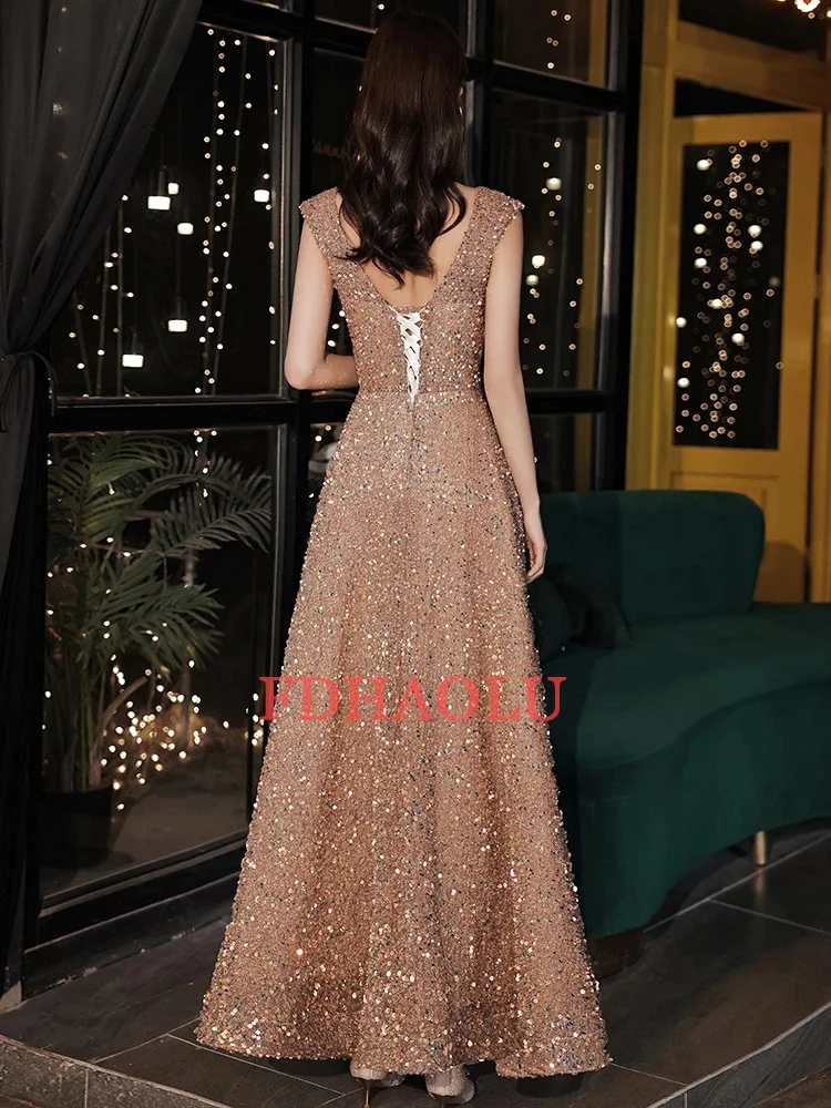 FDHAOLU FU92 Sequins Evening Dresses O-Neck A-line Floor-length Sleeveless Elegant Bling Plus size Customized Woman Formal Dress