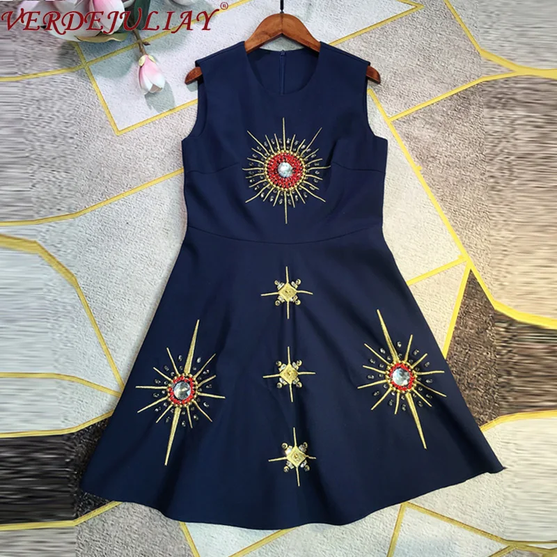 VERDEJULIAY, весна-лето, модное подиумное платье, женское, без рукавов, дизайнерское, элегантное, с бриллиантами, с бисером, голубое/белое, вечерние, мини-платье - Цвет: as photo