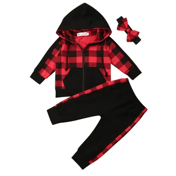 

Emmababy Newborn Kids Baby Girl Long Sleeve Plaid Hooded Coat Tops Long Pants Headband 3PCS Outfits Clothes autumn