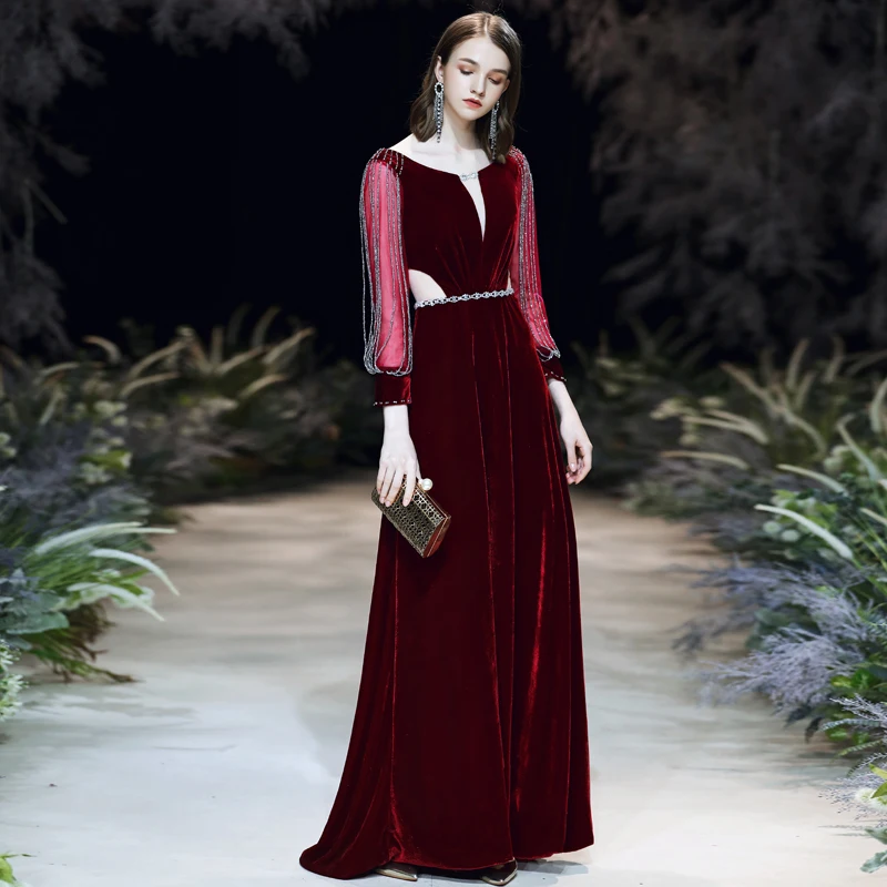 SSYFashion, новинка, банкетное элегантное велюровое вечернее платье, винтажное, с блестками, с кисточками, с бисером, с длинным рукавом, длинное, официальное платье, Vestidos - Цвет: wine sweep train