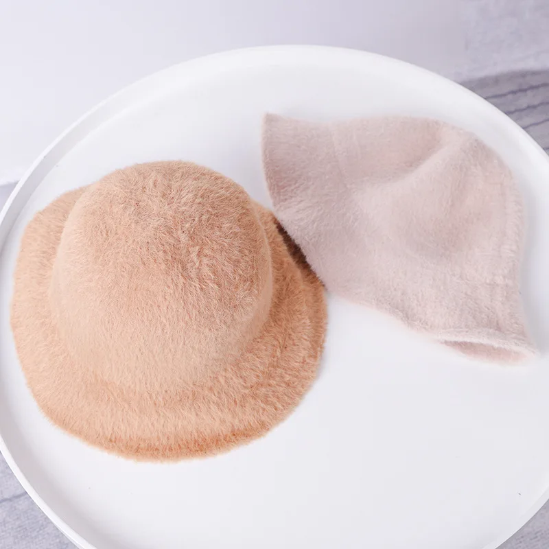 

H7511 Women Fisherman Hat Female Autumn Winter Knitted Bucket Cap Japanese Korean Solid Color Imitation Mink Fur Foldable Caps