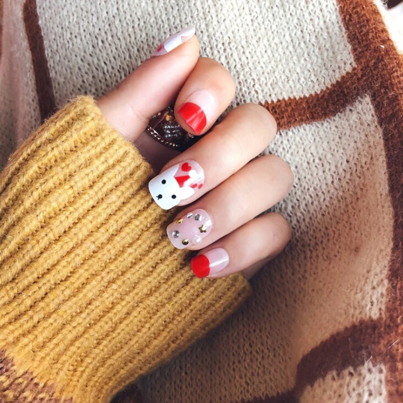 24Pcs Cute Christmas Bear Fake Nails Press On Acrylic Full Nail Tips Art Children Girls Manicure Beauty Tools