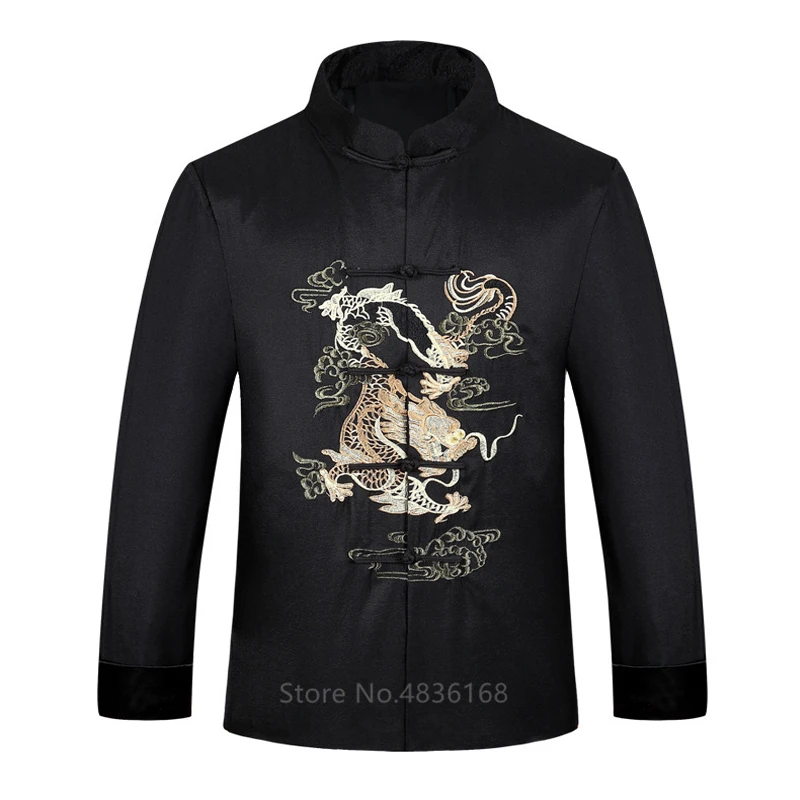 Black Китайский стиль Тан костюм Emboridery Dragon блузка Hanfu длинный рукав куртка традиционная китайская одежда для мужчин Новогодняя одежда - Цвет: Black