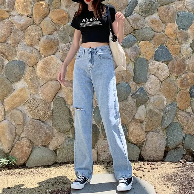 2019 High Waist Straight Jeans For Women autumn blue Wide Leg Korean Stretch Style All-match Straight Full-length Jeans 2019 High Waist Straight Jeans For Women autumn blue Wide Leg Korean Stretch Style All-match Straight Full-length Jeans