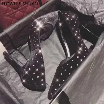 

INS Hot High Heels Womens Shoes Luxury Black Velvet Ladies Pumps Shiny Rhinestone Embellishment Female Party Stilettos Designers