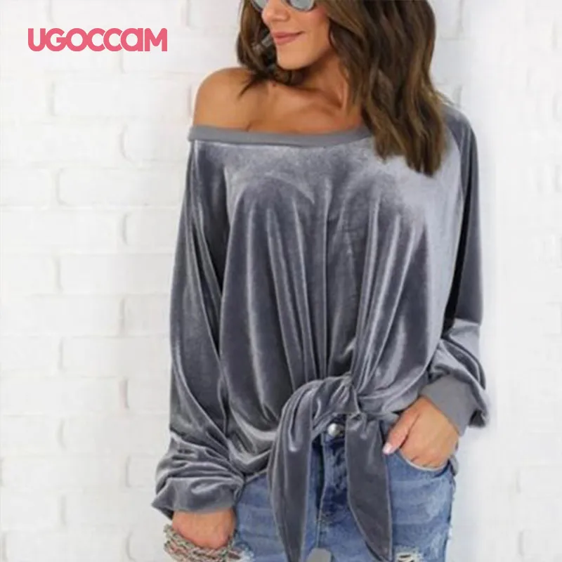 UGOCCAM, женская рубашка с бантом, повседневная, сексуальная, с открытыми плечами, с длинным рукавом, одноцветная, размера плюс, футболка, Femme, Осенние Топы, на одно плечо, топы - Цвет: Серый