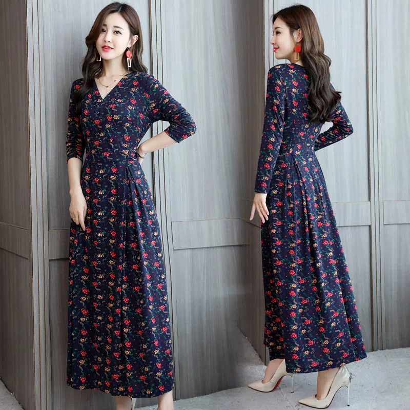 

Autumn WOMEN'S Dress 2018 New Style Slim Fit Retro Elegant Dress Long Skirts Floral Print V-neck Skirt A- line Skirt Spring Tide