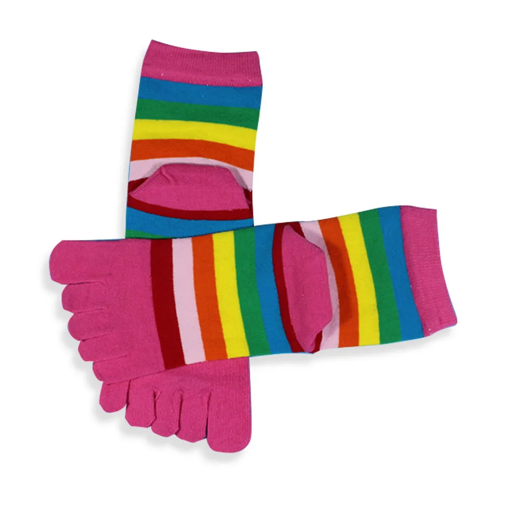 6 Pairs / Lot Autumn Winter Women Socks Cotton Fashion Five Fingers Toe Socks Rainbow Stripe Breathable Long Sock