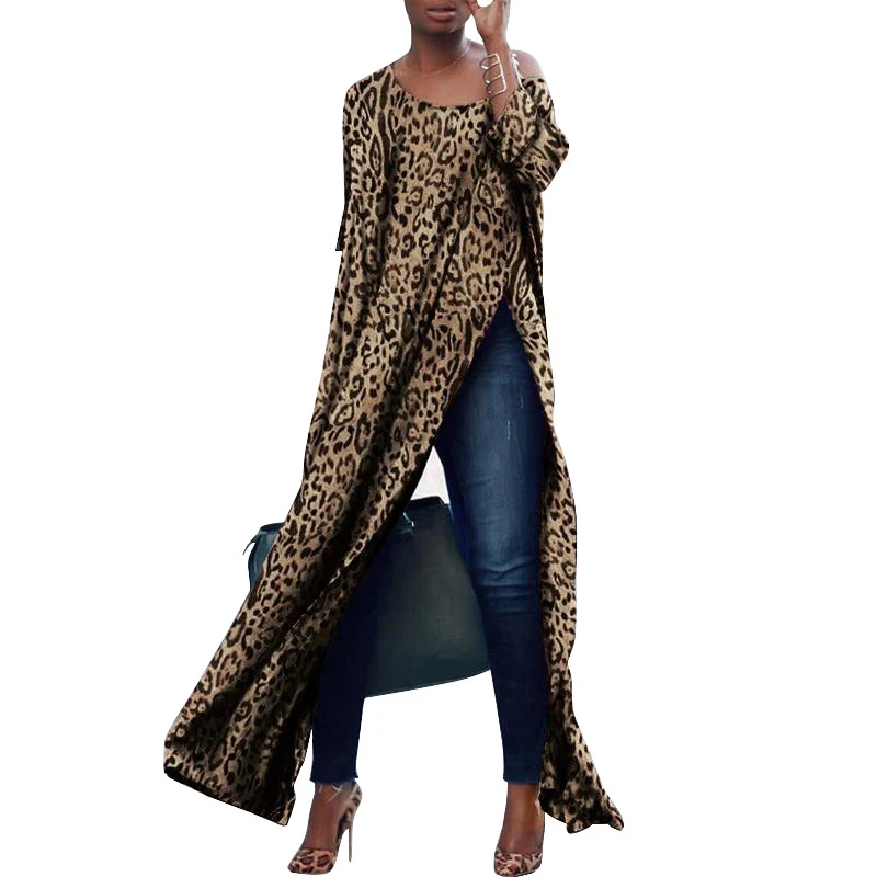 Y Осеннее новое платье с леопардовым принтом, сексуальное модное женское платье с О-образным вырезом, официальное Длинное свободное платье с рукавом средней длины, женское платье с неровным разрезом - Цвет: Y