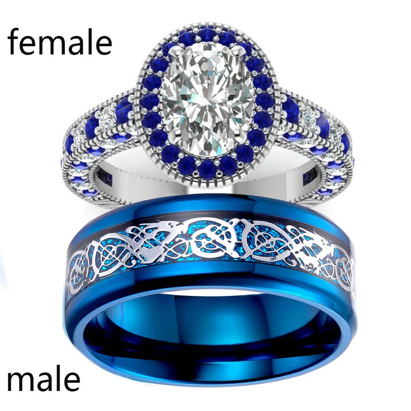 female 8 and male 11 Sz6-14(два кольца) пара колец круглой огранки голубой циркон женские обручальные кольца титановая сталь Мужская обручальное кольцо - Цвет основного камня: female 8 and male 11