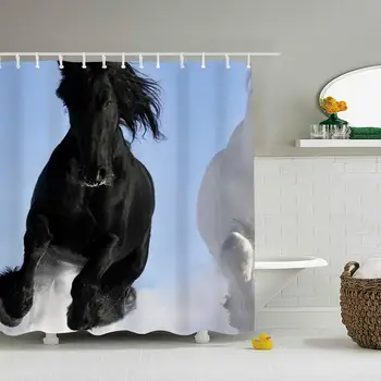 

Nature Horse Snow Black Shower Curtain - Water, Soap, and Mildew Resistant - Shower Hooks are Included