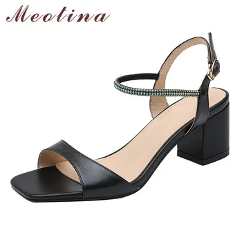 

Meotina Women Shoes Summer Sandals Natural Genuine Leather Block Heels Shoes Real Leather Crystal Buckle Sandals Ladies Size 43