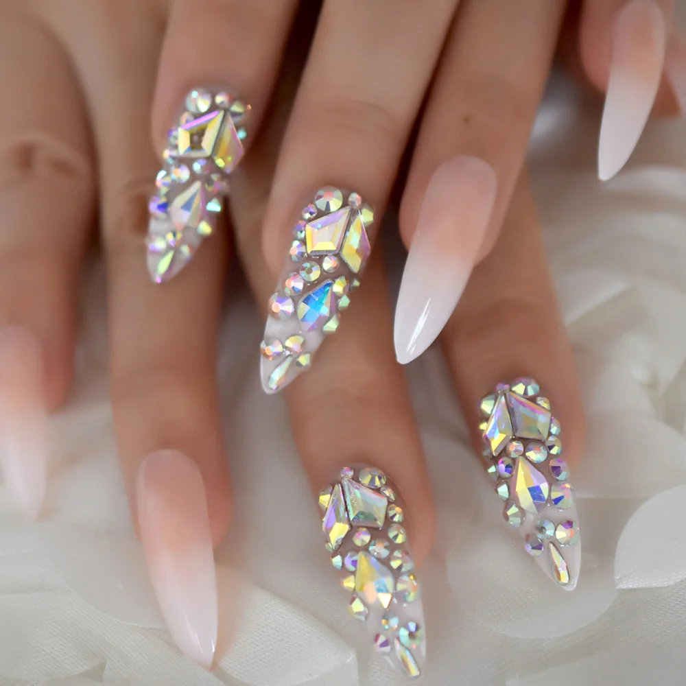 Gorgeous Luxury Press On Nails Extra Long Light Marble Colorful Crystal Faux Ongles with Large Rhistones AB Perfect Party - Цвет: L5171