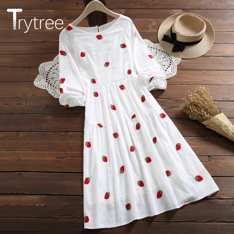 Женское Хлопковое платье с круглым вырезом и вышивкой Trytree Повседневное