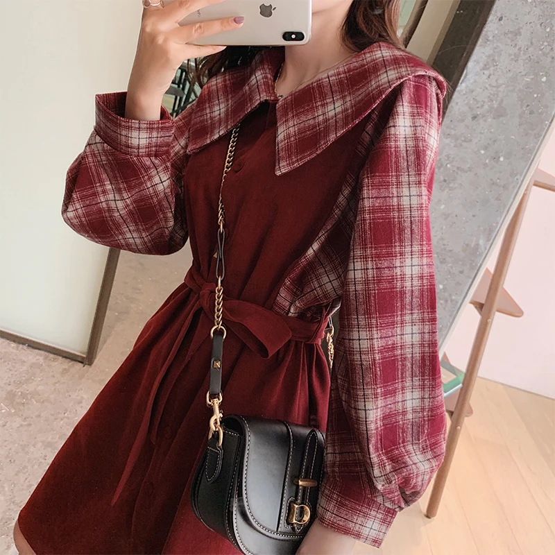 MISHOW Autumn Winter Dress Vintage Plaid Red Long Sleeve Waist Belt Female Mid-Long Dresses MX19D1968