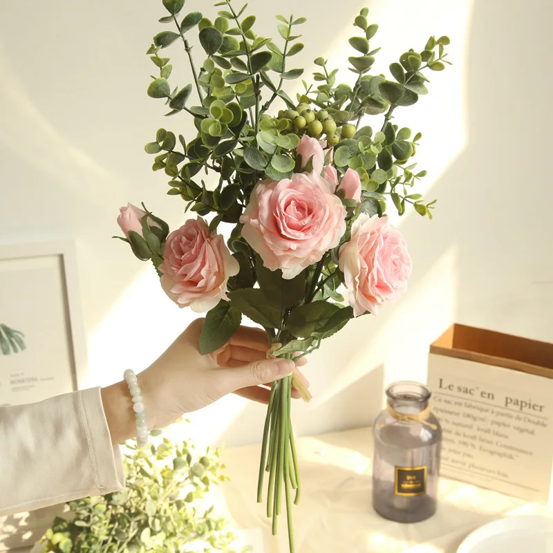 46 см 1 букет розы эвкалипта искусственный цветок производитель украшение дома свадебный цветок настенный искусственный цветок