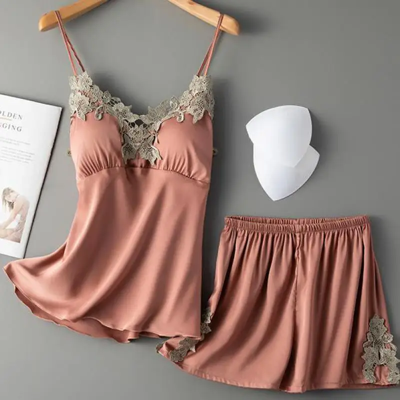 

New Lace Trim Pajamas Set Women Sleeveless 2PCS Sleepwear Summer Satin Sleep Set Femme Pijamas Suit Nightwear With Bras