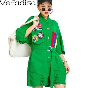 

Vefadisa Newest 2020 Summer Rompers Girl green Hole Tooling shortsSolid color belt personality jumpsuit casual Loose LHX071