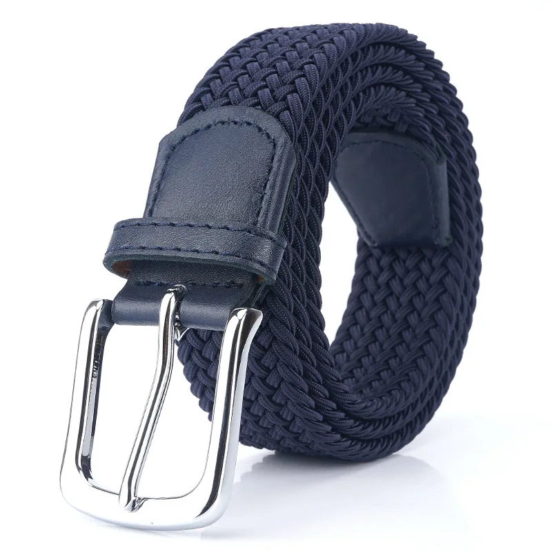 Dark blue Elastic Braided Belt Women Casual Pin Buckle Belts Men High Quality Multiple Sizes Not Need Punch Easy Wear Fashion Luxury - Color: Dark blue