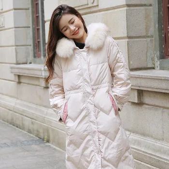 

Nice Tide Down Jacket Women Long Paragraph Detachable Large Fur Collar Thick Loose Long Paragraph Over The Knee Winter Clothing
